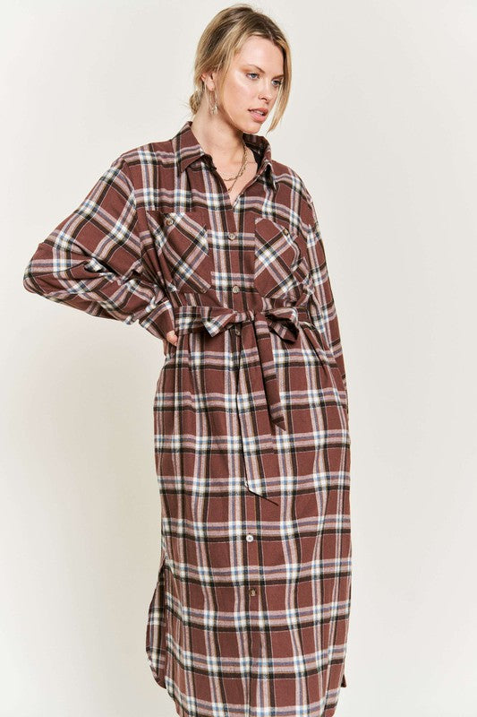 PLUS SIZE PLAID PRINT COLLAR LONG SHIRT DRESS-3 COLORS