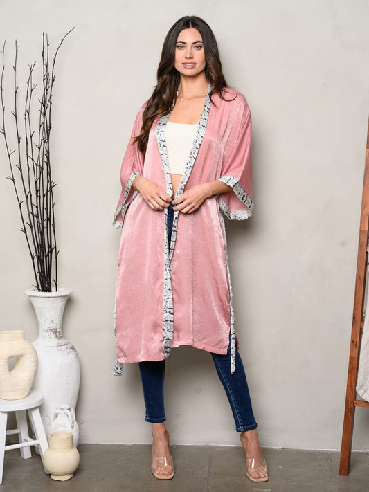 Women's Short Sleeves Open Front Self Tie Animal Print Trim Kimono-Pink