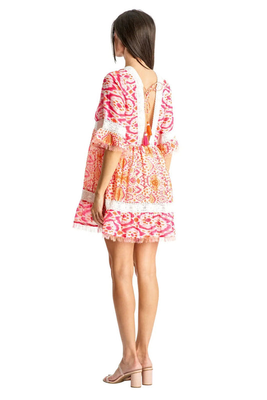La Moda Resort High End Print Lace Trim Shift Mini Dress