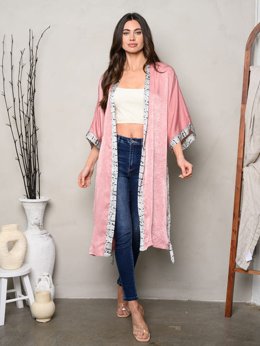 Women's Short Sleeves Open Front Self Tie Animal Print Trim Kimono-Pink