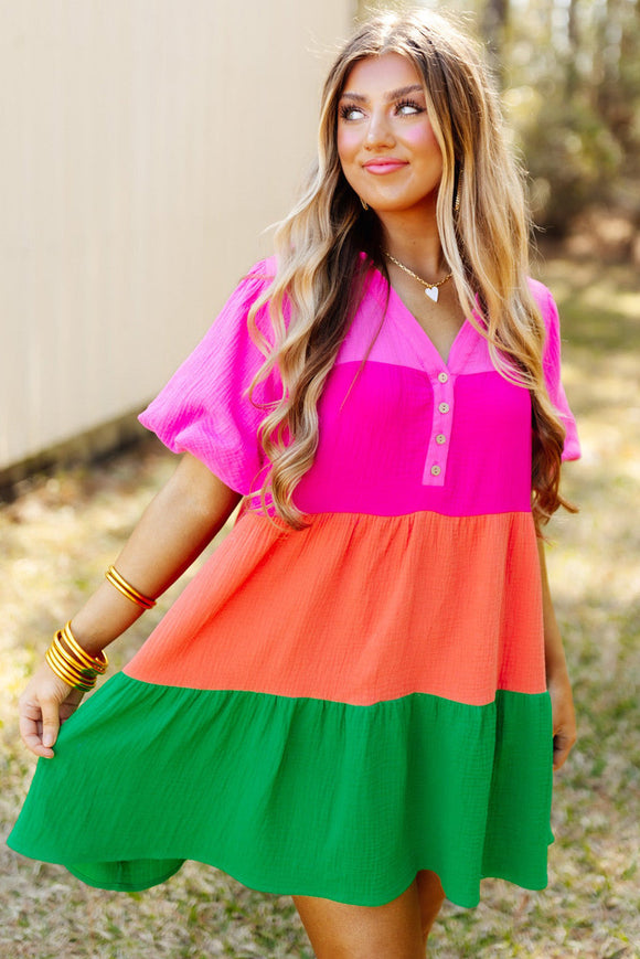 Color Block Tiered Puff Sleeve Dress