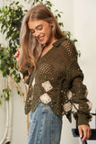 Crochet V Neck Long Sleeve Knit Sweater Top- 2 Colors