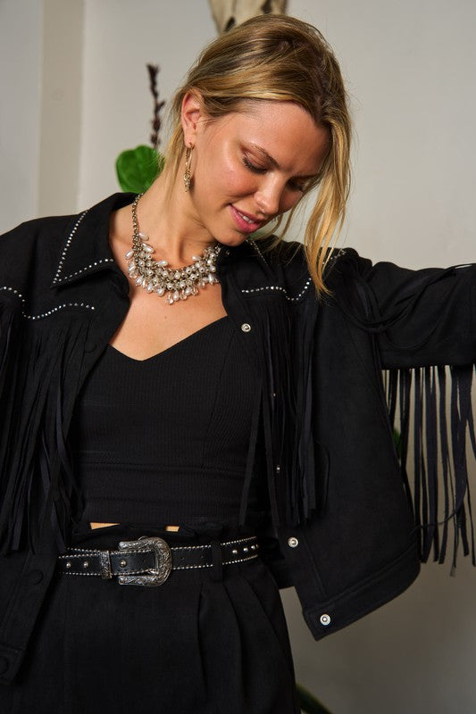 Plus Size Suede Studded Fringe Jacket -2 Colors