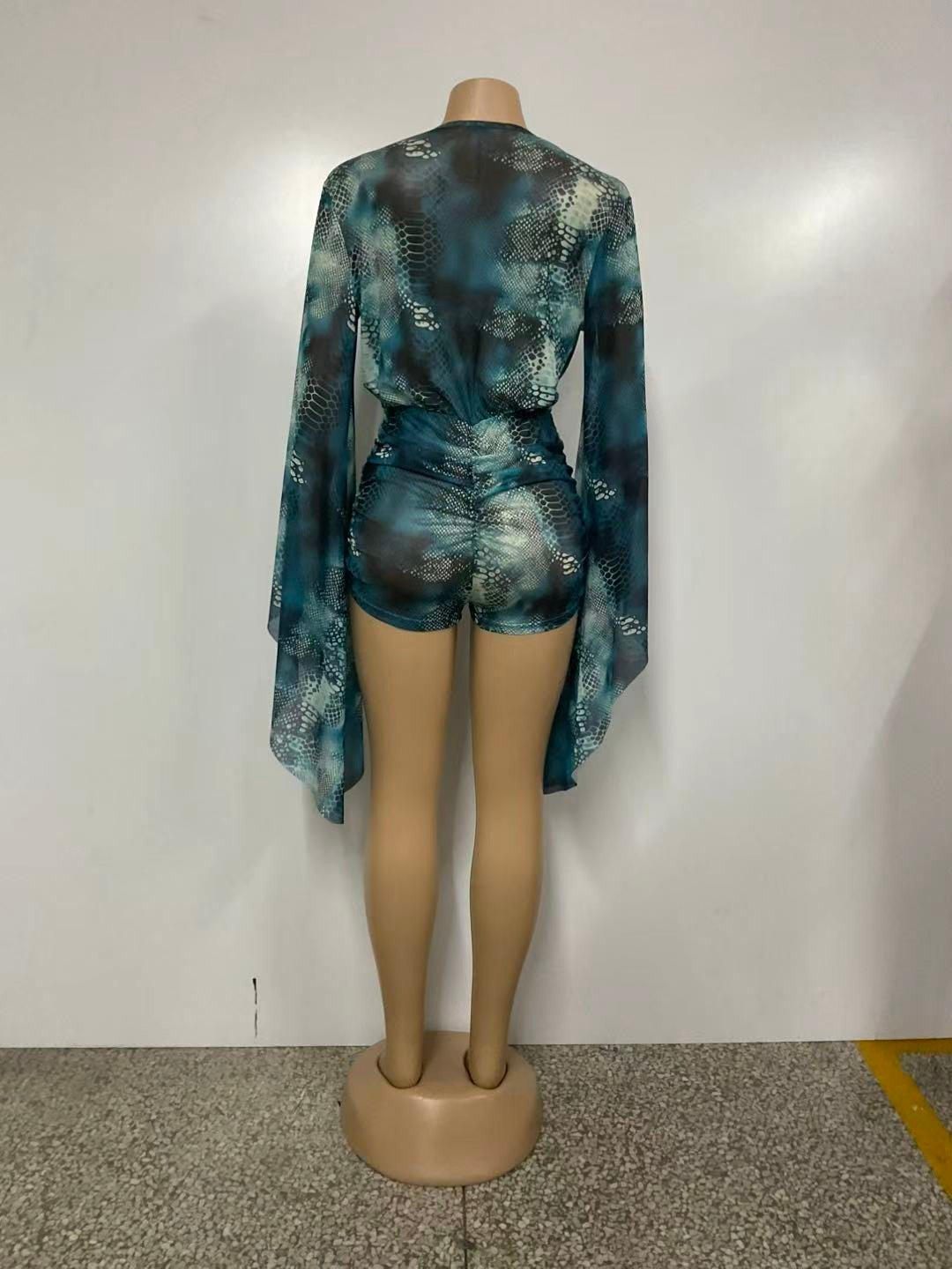 Teal Python Print Ruched Romper