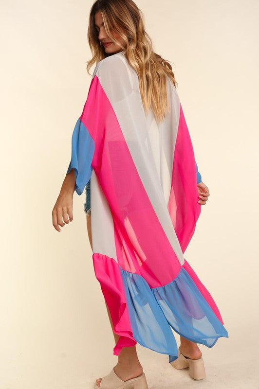 PLUS SIZE COLOR BLOCK KIMONO MAXI OPEN CARDIGAN