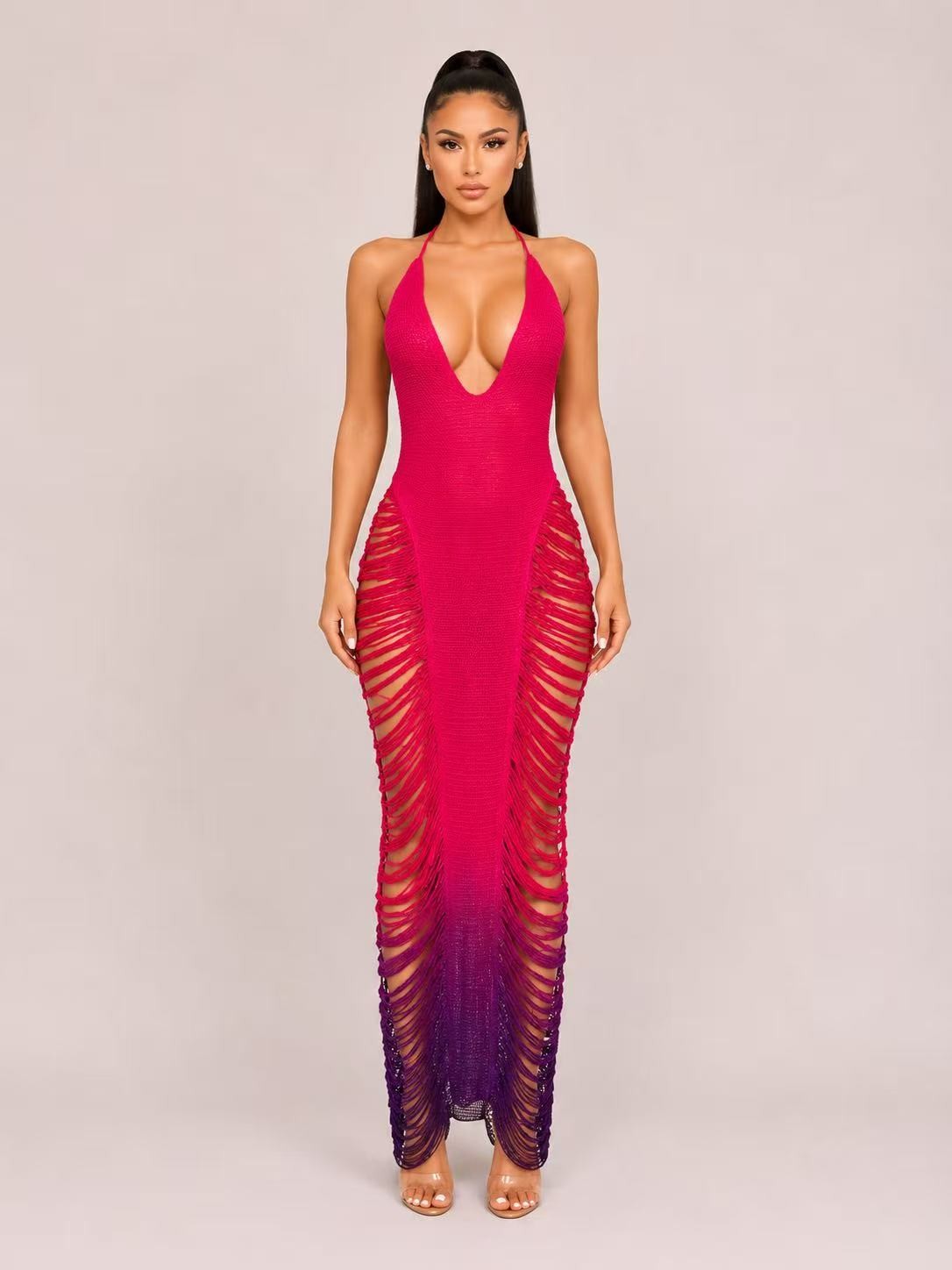 Fringe & Tassel Crochet Coverup Swimwear or Maxi Dress- Pink/Purple