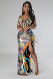 Multicolored Stitched Feather Maxi Dress
