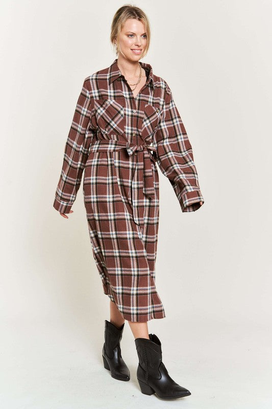 PLUS SIZE PLAID PRINT COLLAR LONG SHIRT DRESS-3 COLORS