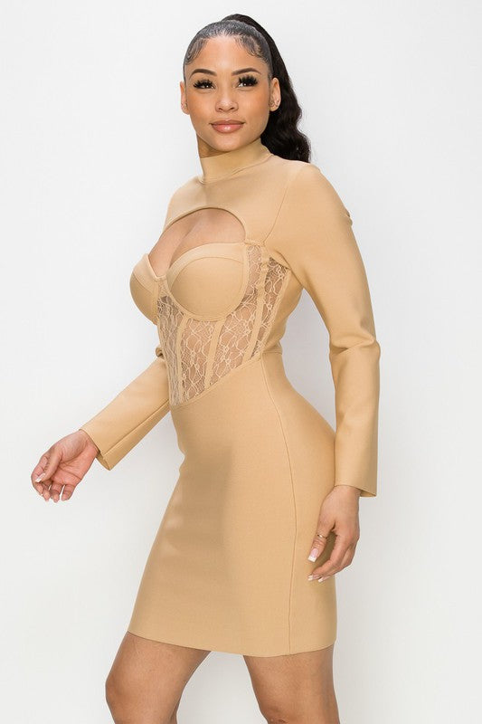 BUSTIER CUP LACED LONG SLEEVE MINI BANDAGE DRESS