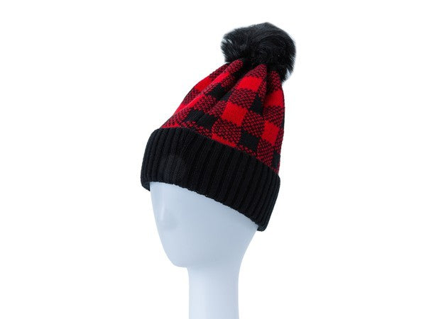 CHECKERED POM POM BEANIE-4 COLORS