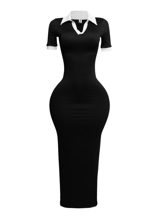 Collar Neck Short Sleeve Contrast Maxi Dress- Black
