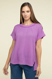 Brushed Waffle Exposed-Seam Short Sleeve Top-6 Colors