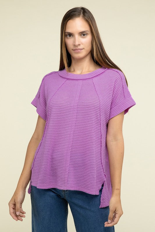 Brushed Waffle Exposed-Seam Short Sleeve Top-6 Colors