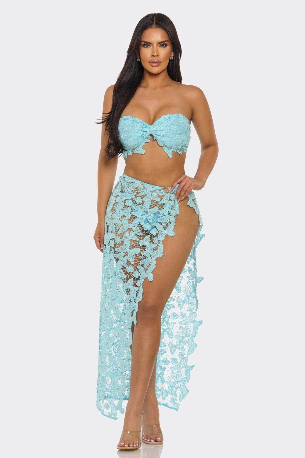 Butterfly Crochet Swimwear Coverup Skirt Set With Matching Underwear- Blue