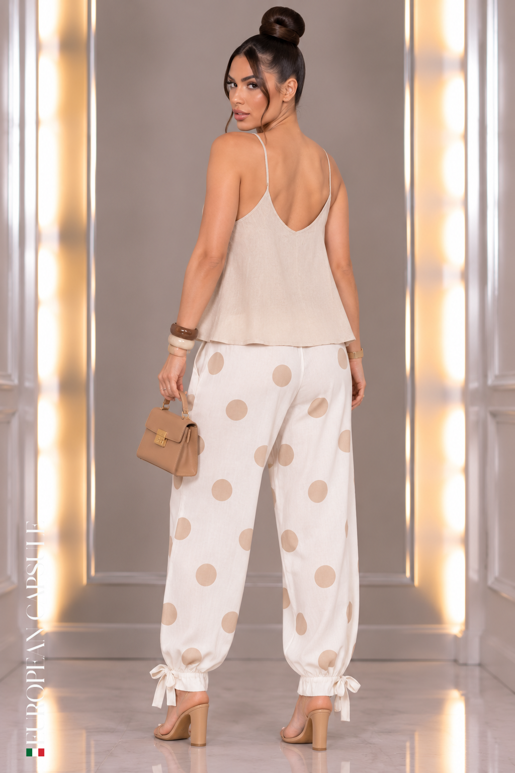 Italian Linen Polka Dot Ankle Tied Pants- White/Beige