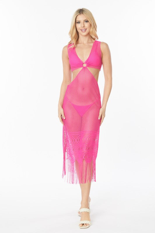 Relaxing Crochet with Tinsel Bottom Mid Cutout Coverup-5 Colors