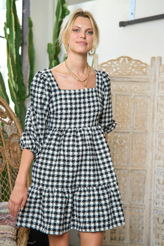 PLUS SIZE TWEED PUFF SLEEVE MINI DRESS-2 COLORS