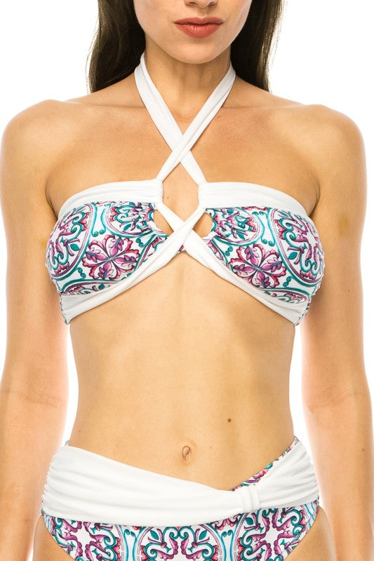 TWO PIECE FLORAL PRINTS CRISS CROSS HALTER BIKINI-2 COLORS