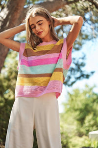 Crochet Multi Striped Pullover Knit Sweater Vest-2 Colors