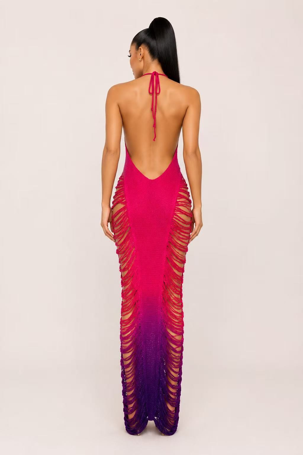 Fringe & Tassel Crochet Coverup Swimwear or Maxi Dress- Pink/Purple