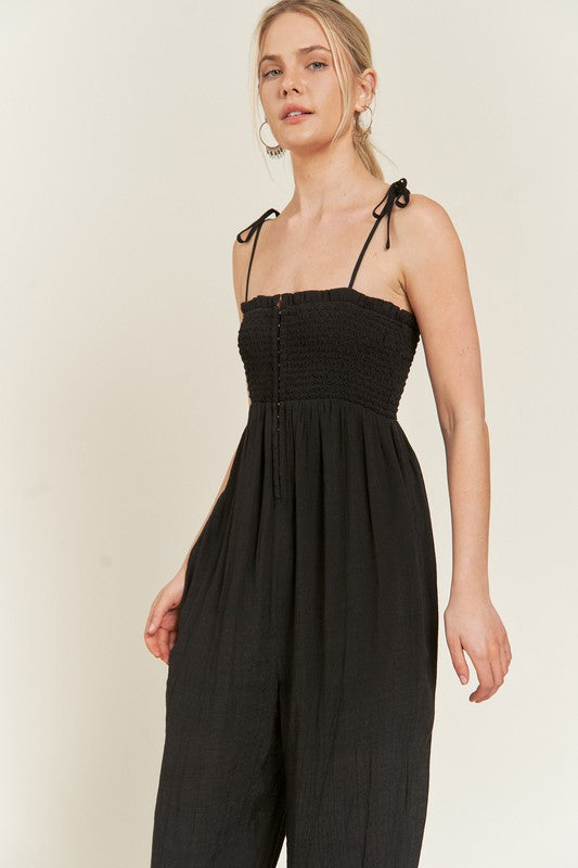 SMOCKED TIE STRAP JUMPSUIT-2 COLORS