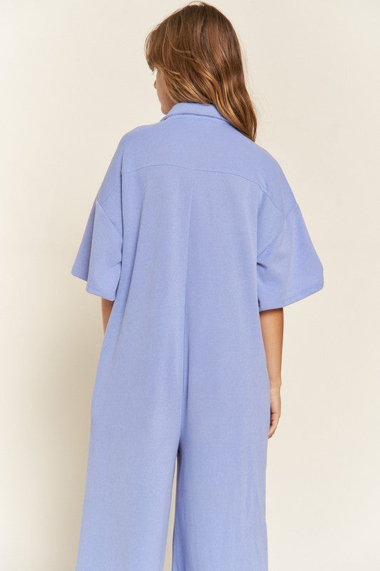 Basic Collar Shirt Wide Leg Jumpsuit-3 Colors