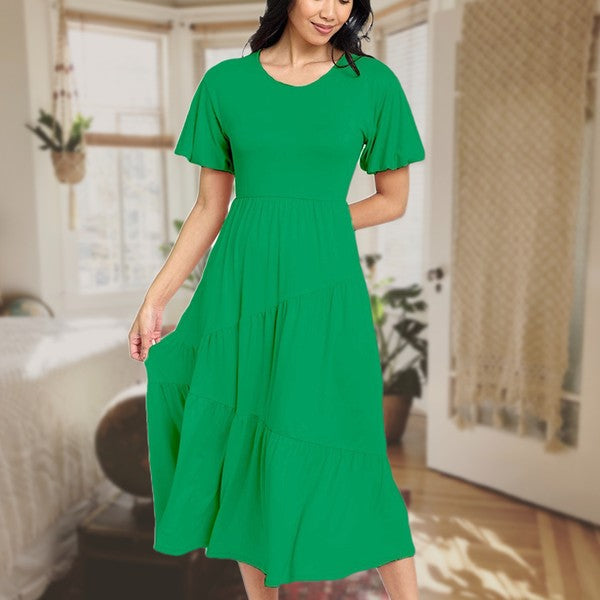 Solid Diagonal Tiered Flowy Dress-7 Colors