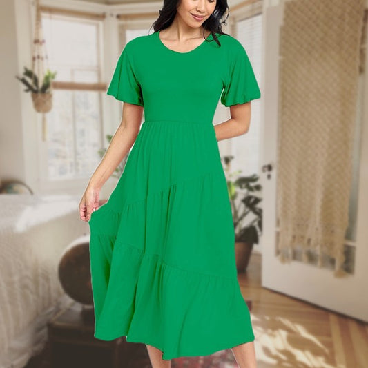 Solid Diagonal Tiered Flowy Dress-7 Colors