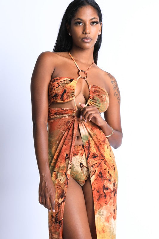 Fall Butterfly Printed Maxi Top Bikini Set