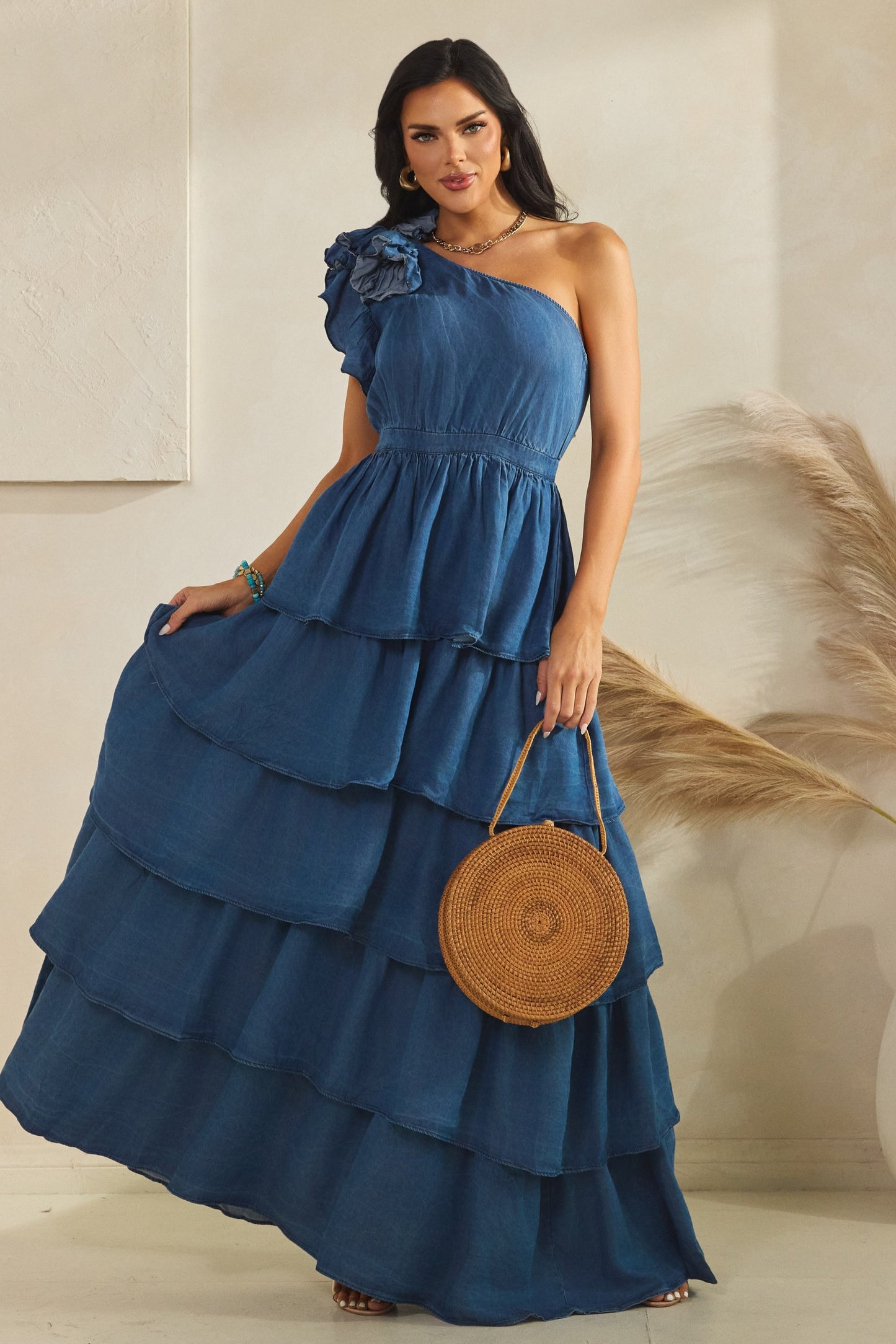Denim Tiered Maxi One Shoulder Dress