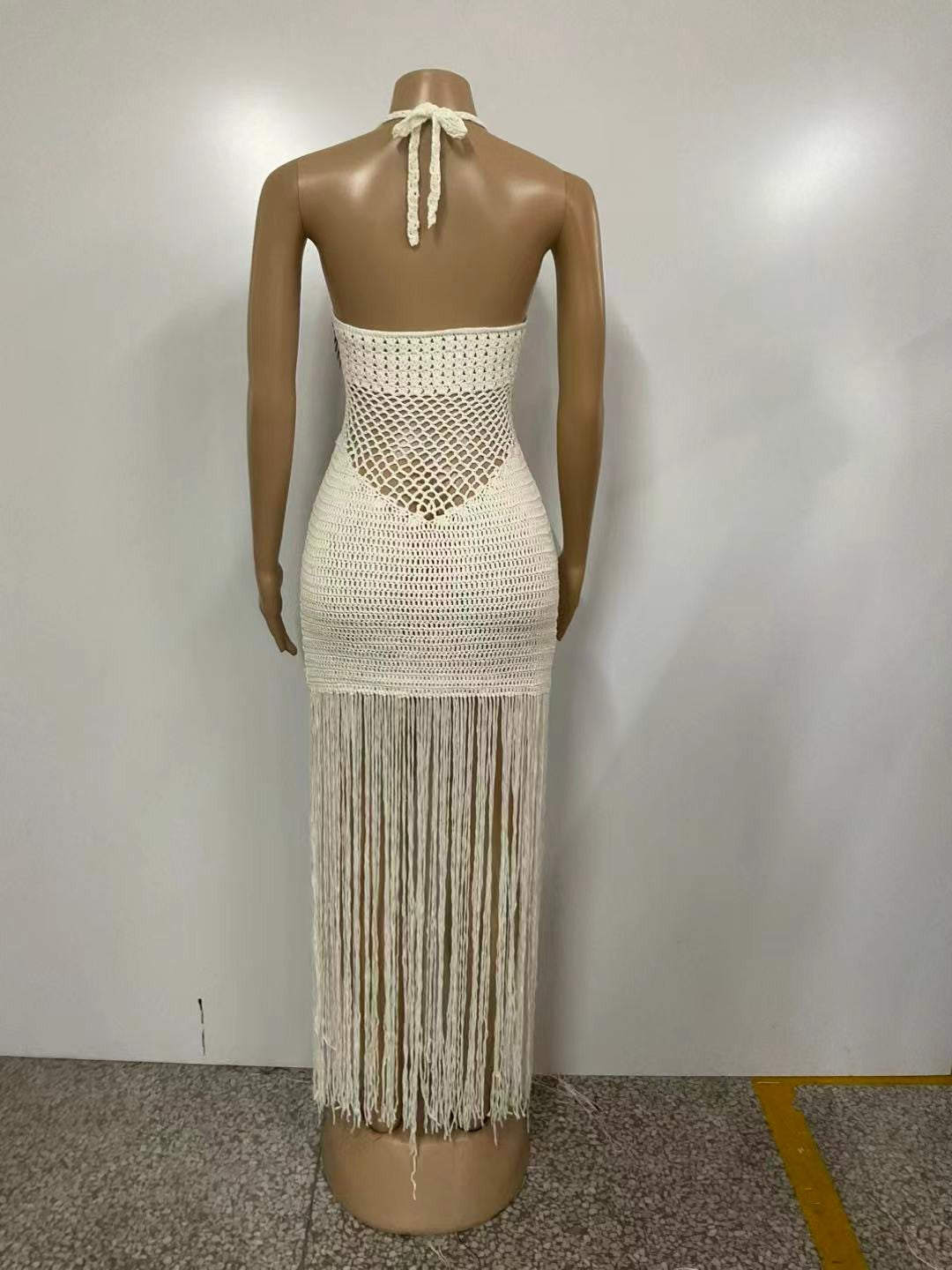 Crochet Fringe Resort Wear/Swimwear Coverup Dress- White