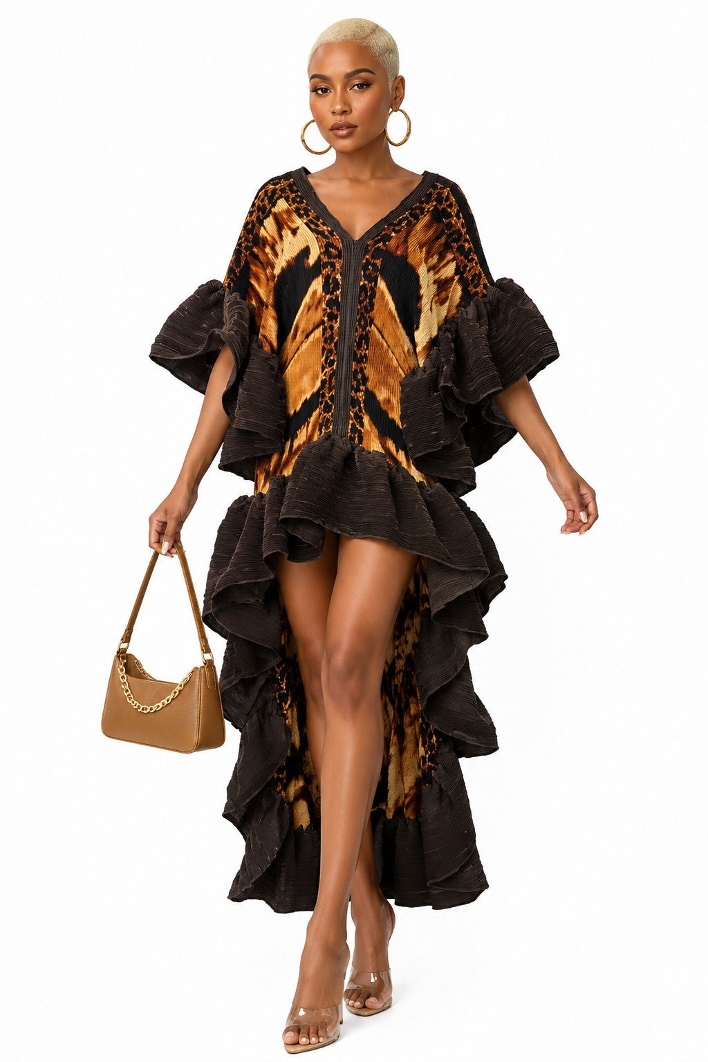Into the Wild High Low Pleated Kaftan Dress- Brown/Multi