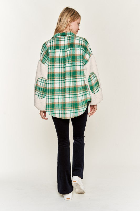 Plus Size Multi Plaid Fuzzy Sleeve Jacket