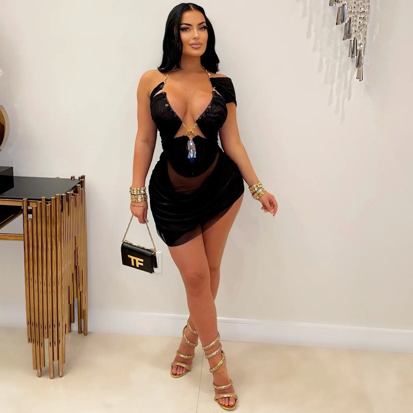 Mesh Halter Mini Chain Jeweled Dress/Lingerie