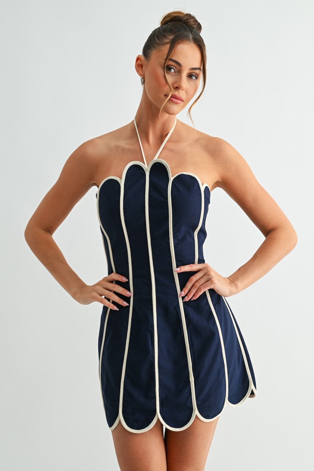 Scalloped Halter Neck Mini Dress- Navy