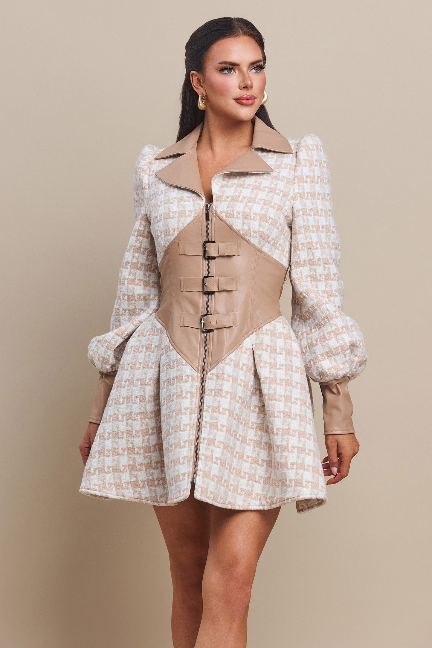 Leather on Tweed Flare Mini Flare Dress Jacket- Taupe