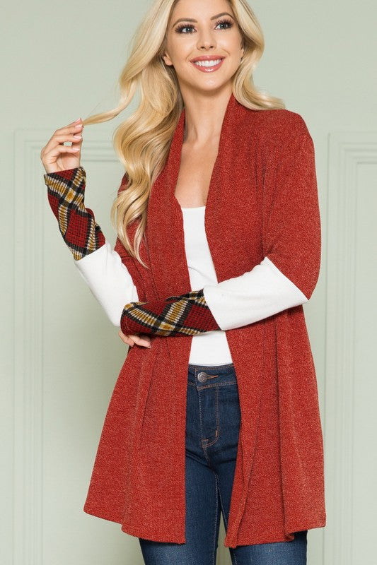 Plus Size Solid Plaid Contrast Long Sleeve Cardigan- 2 Colors