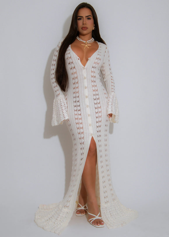 Stretch Knit Crochet White Maxi Dress