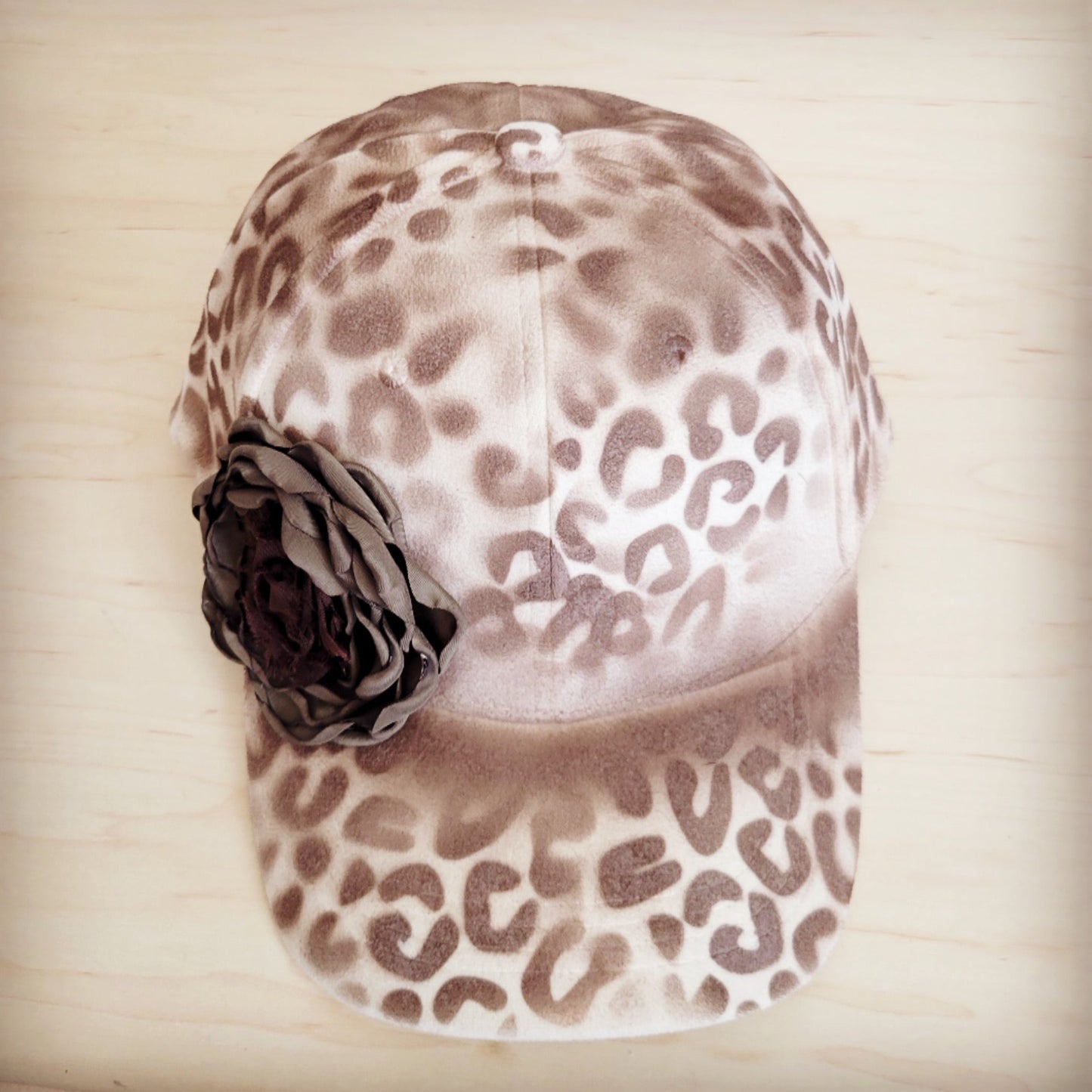 Hand-Painted Leopard Suede Baseball Cap Ivory w/ Flowers 986v
