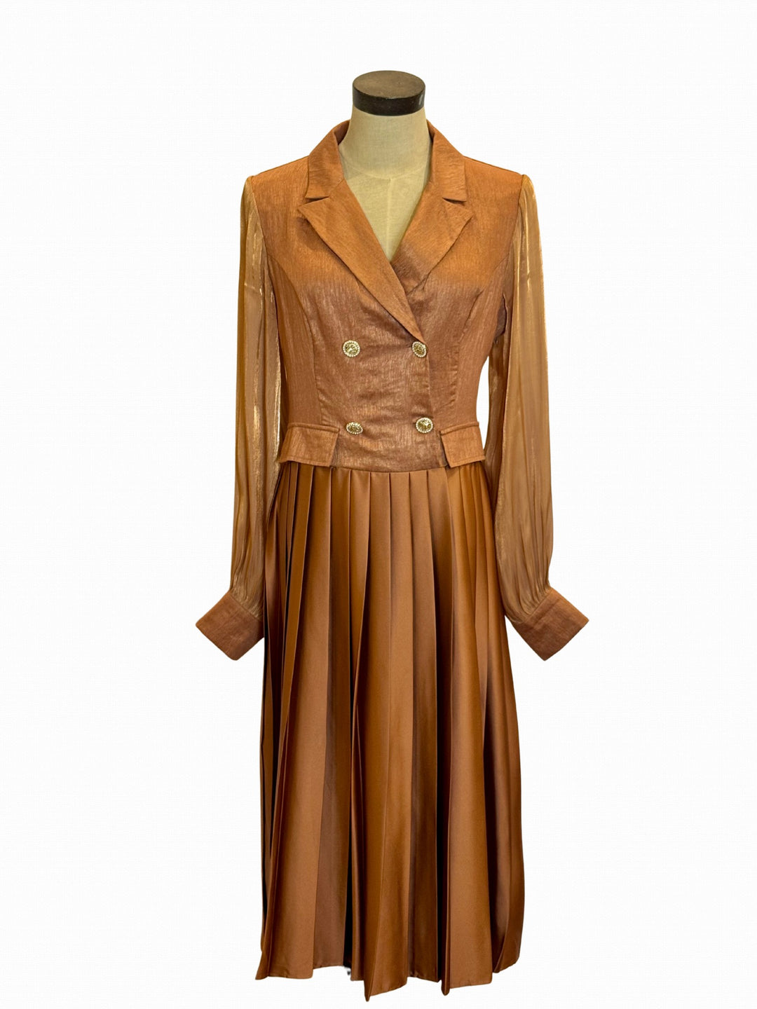 Pleated Bottom & Jacketed Top Dress- Brown