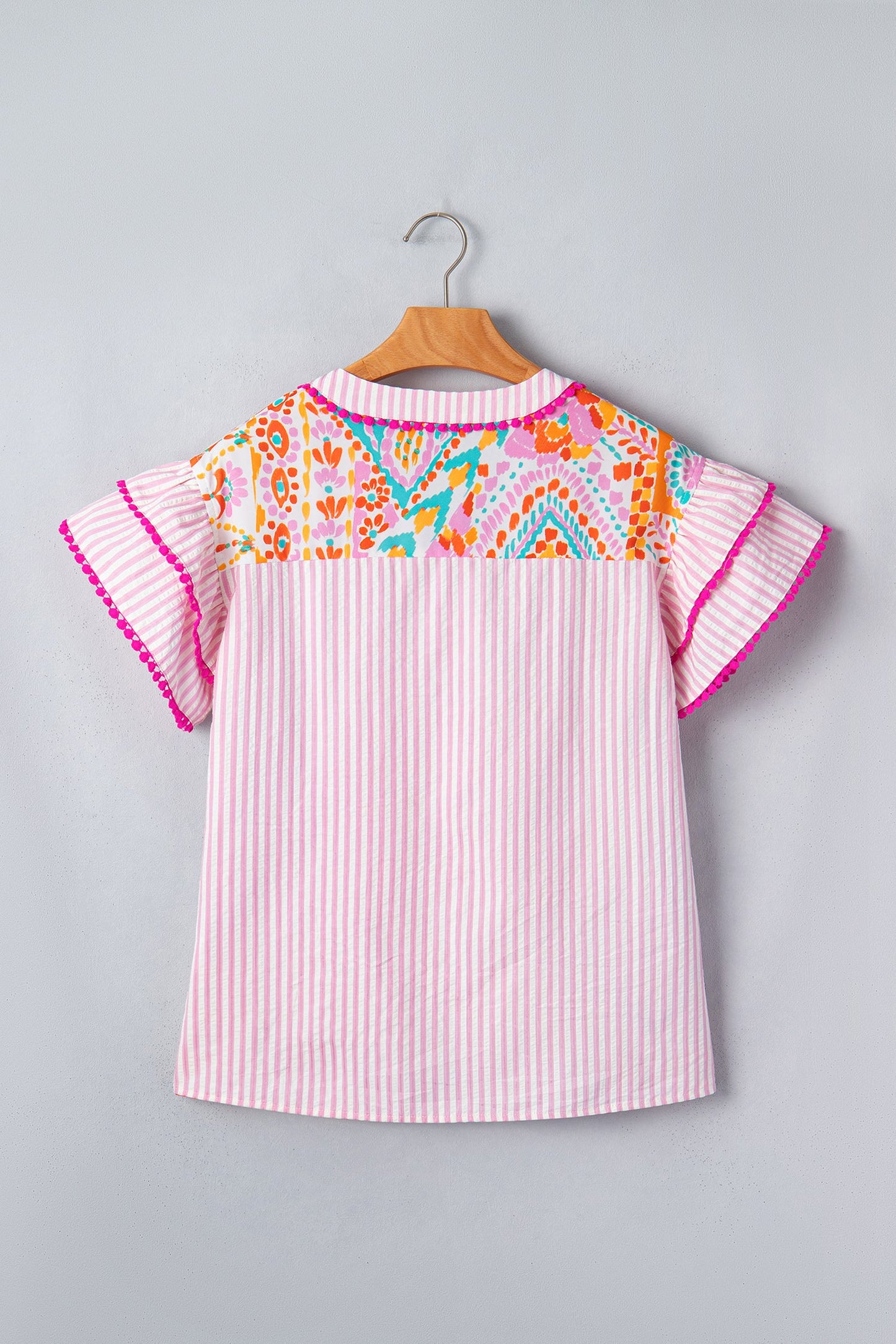 Boho Contrast Trim Patchwork Tiered Short Sleeve Blouse