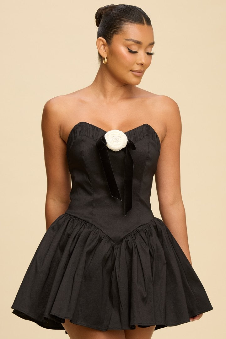 Swept Away 3D Flower Bowtied Mini Dress- Black