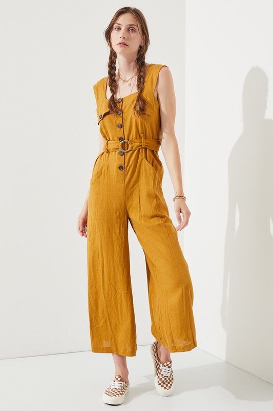SLEEVELESS SQUARE NECK BUTTON DOWN ANKLE JUMPSUIT-BLACK OR MUSTARD