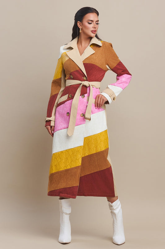 Leather & Suede Color Block Trench Coat- PRE-ORDER