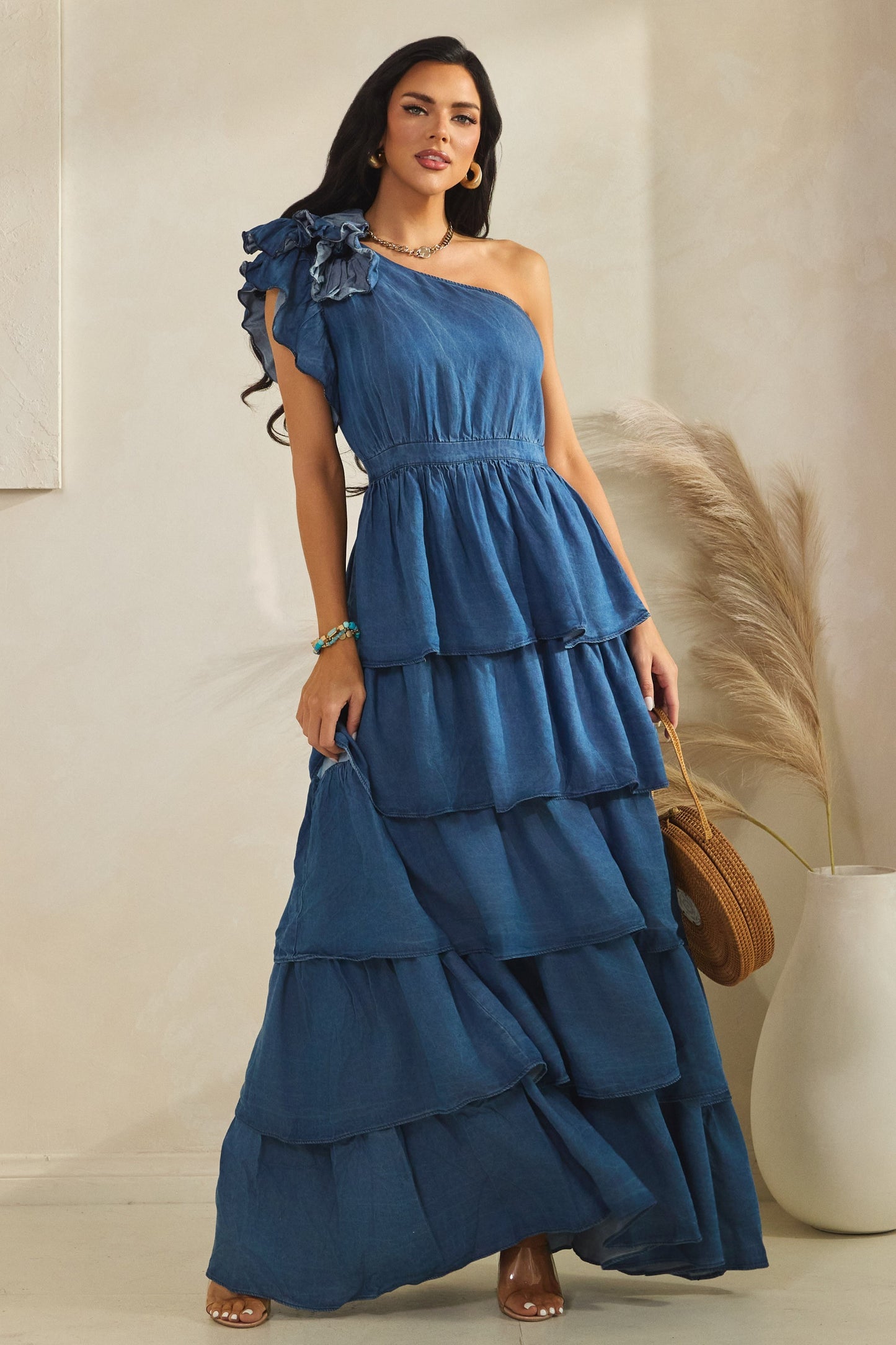 Denim Tiered Maxi One Shoulder Dress