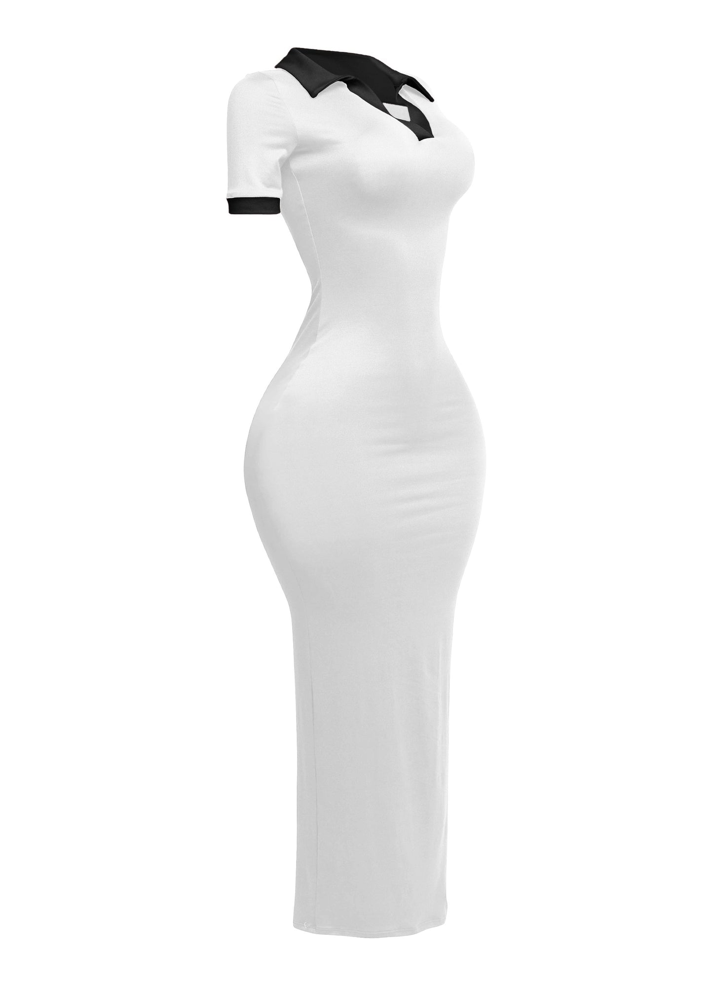 Collar Neck Short Sleeve Contrast Maxi Dress- White