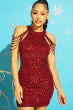 SEQUINS BODYCON PARTY DRESS WITH SHOULDER BEADS-4 COLORS