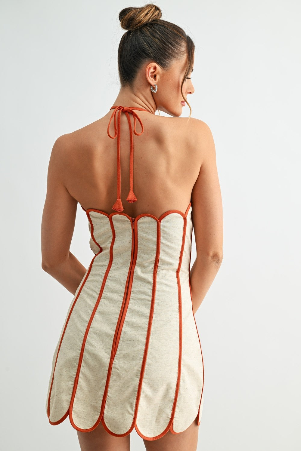 Scalloped Halter Neck Mini Dress- Beige