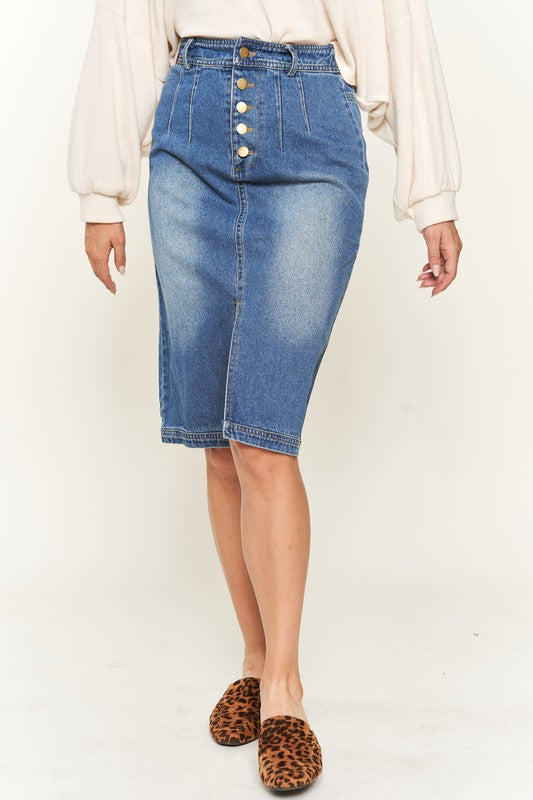 Denim Buttoned Knee Length Skirt