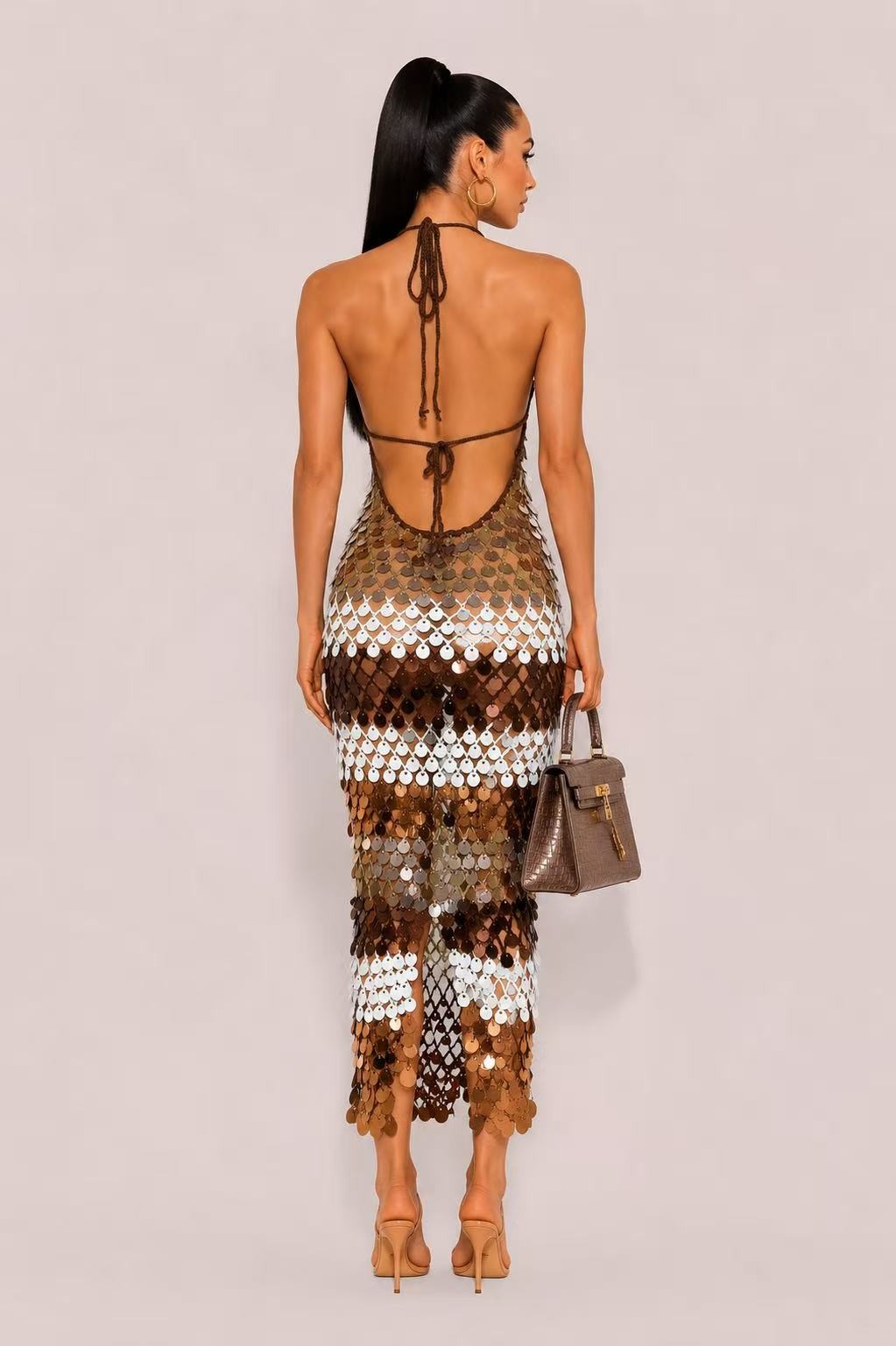 A Touch of Elegance Sequin Halter Dress- Brown/Multi